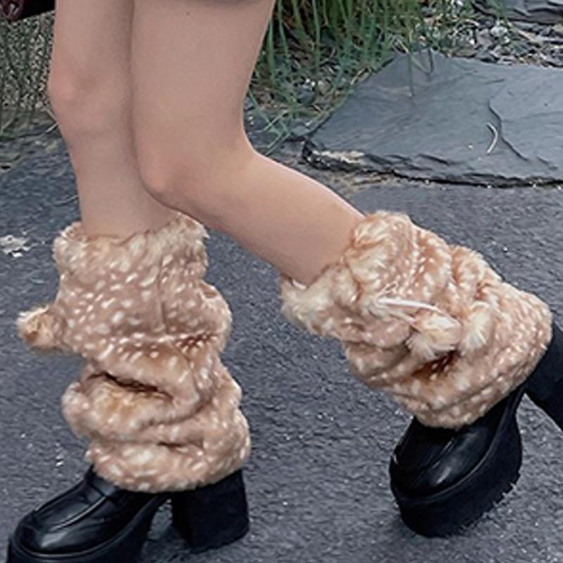 Autumn and Winter Cute Plush Leg Cover Warm Deer Print Faux Fur Plush Leg Warmers JK College Style Cosplay Boots Chrismas Gifts