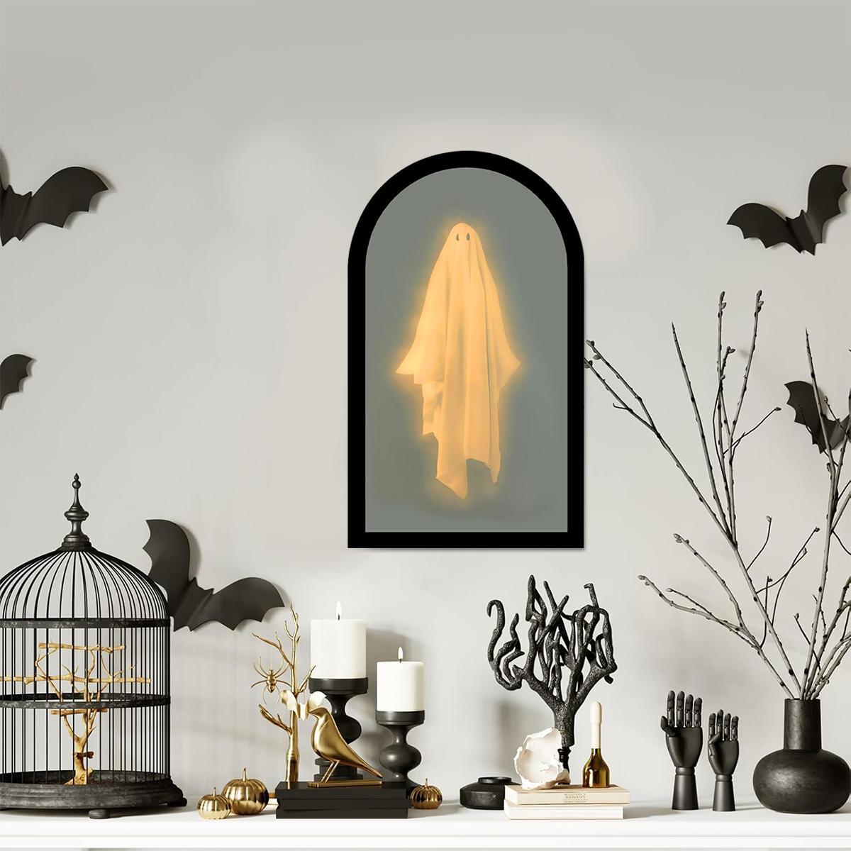 Ghost Mirror Halloween Decor – LED Holographic Ghost Illusion Mirror, 2-in-1 Daytime Mirror Nighttime Ghost, Spooky Tabletop Decoration for Mantel Shelf Party, Creepy Cute Gift for Kids Adults