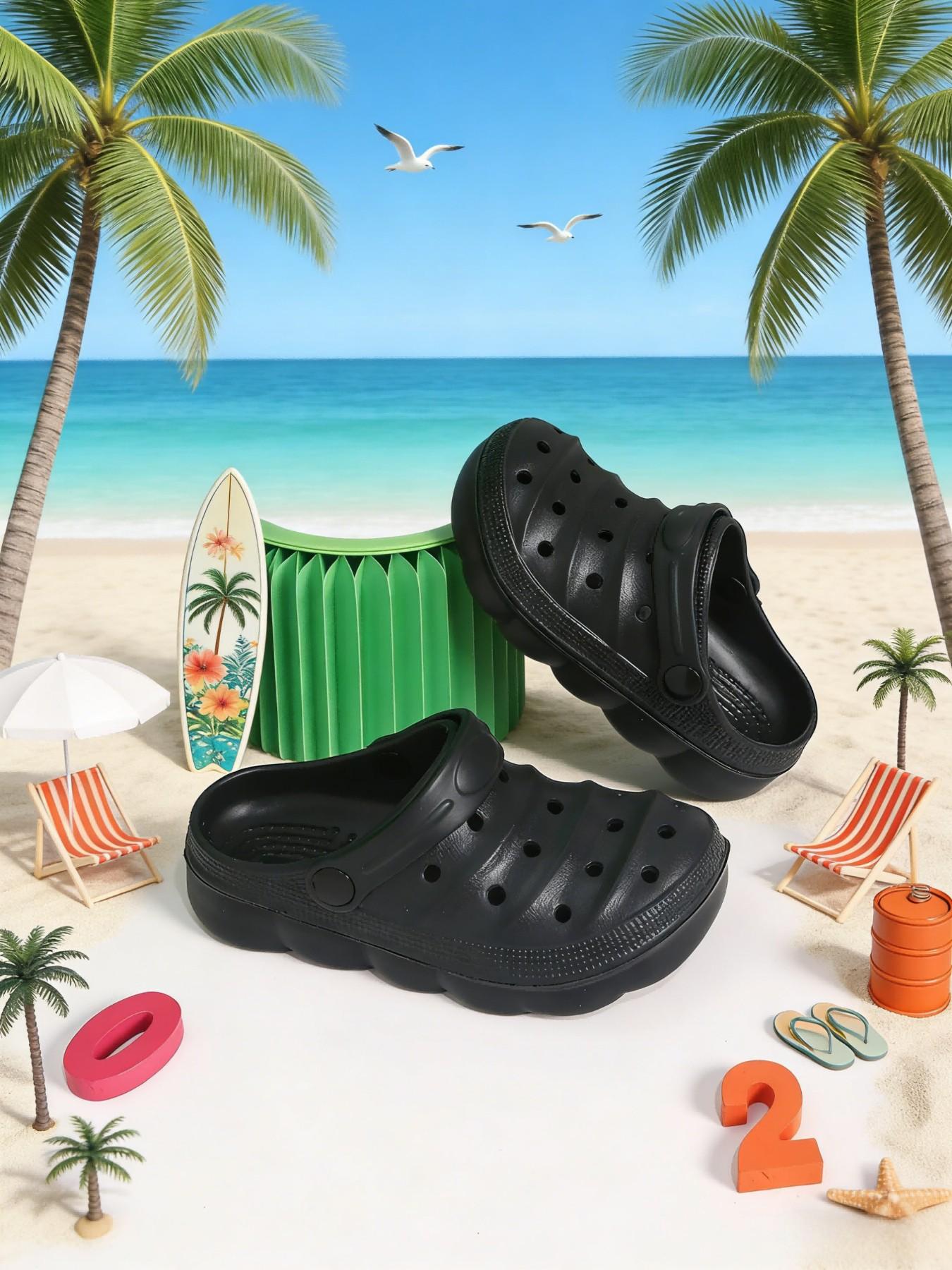Summer New Pure Color Holey Shoes, Cute Thick Sole Anti-Slip Comfortable Breathable Closed-Toe Kids Sandals, Beach Resort Indoor Outdoor Slippers, Eva Slippers, Casual Beach Slippers