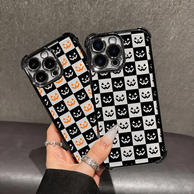 Halloween Pumpkin Checkerboard Pattern Four Corner Anti-Fall Phone case for iPhone Samsung Galaxy 17Pro Max Air 16Plus 15 14 13 12 11 XR XS S26 S25 S24 S23 S22 cases, Transparent cover,Non-Yellowing,Shockproof Soft silicone,Gifts for girls.JL123