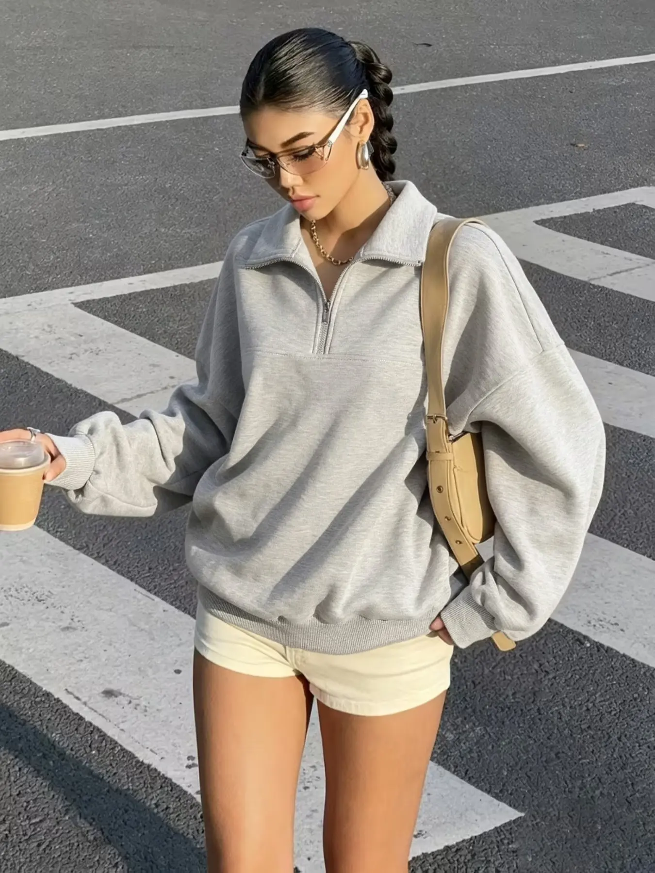 Women's Street Style Quarter Neck Zip Sweatshirt, Drop Shoulder Design, Adjustable Neck Zip, Casual Loose Fit, Ideal for Daily Wear, Gym, Outing, Light Sports, Commute