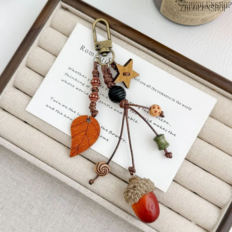 Autumn Forest Acorn Wood Leaf Bag Charm Vintage Braided Keychain for Handbags
