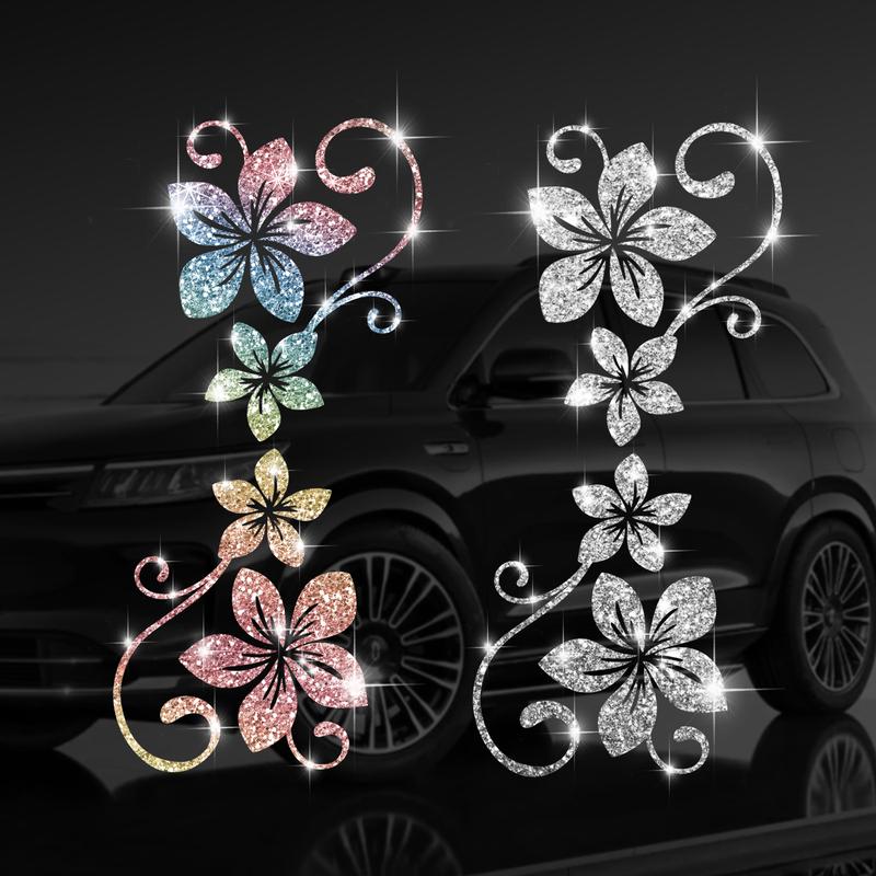Four Vine Flower Car Sticker, Shiny Plant Floral Pattern, Self-Adhesive No Residue, Easy Installation for Cars Trucks Motorcycles Windows Laptops, Universal Car Sticker