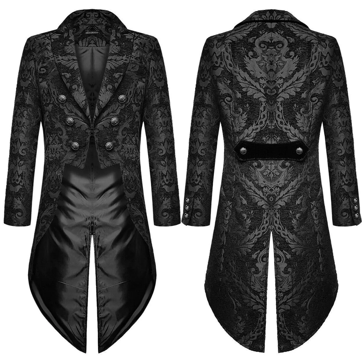 Devil Fashion Mens Gothic Steampunk Tailcoat Jacket Black Brocade Damask Wedding  Cosplay Costumes