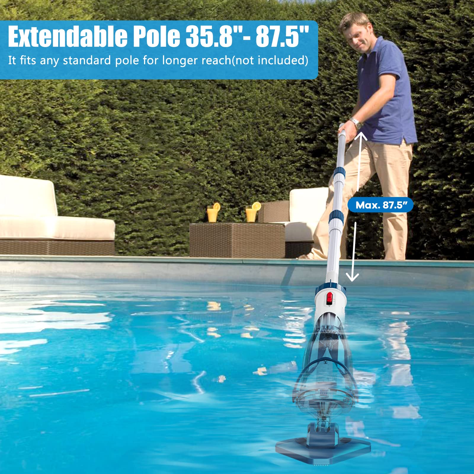 【10-OFF!!!】Ehulk Pro Cordless Pool Vacuum- 18.5 GPM Powerful Suction, 70min Runtime & 13.4" Wide Head, XL Capacity Handheld Rechargeable Pool Cleaner for Inground/Above Ground Pools with Telescopic Pole (Blue)