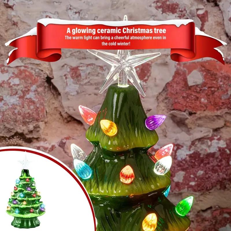 Christmas Nostalgic Ceramic Tree with LED Lights, 7.4 Inches Table Top Decor, Perfect for Home and Office, Festive Indoor Decoration