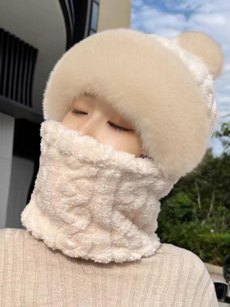 Solid Color Pom Pom Decor Crochet Beanie Hat, Unisex Casual Warm Thickened Face Mask Hat for Fall & Winter, Fashion Accessories for Women & Men