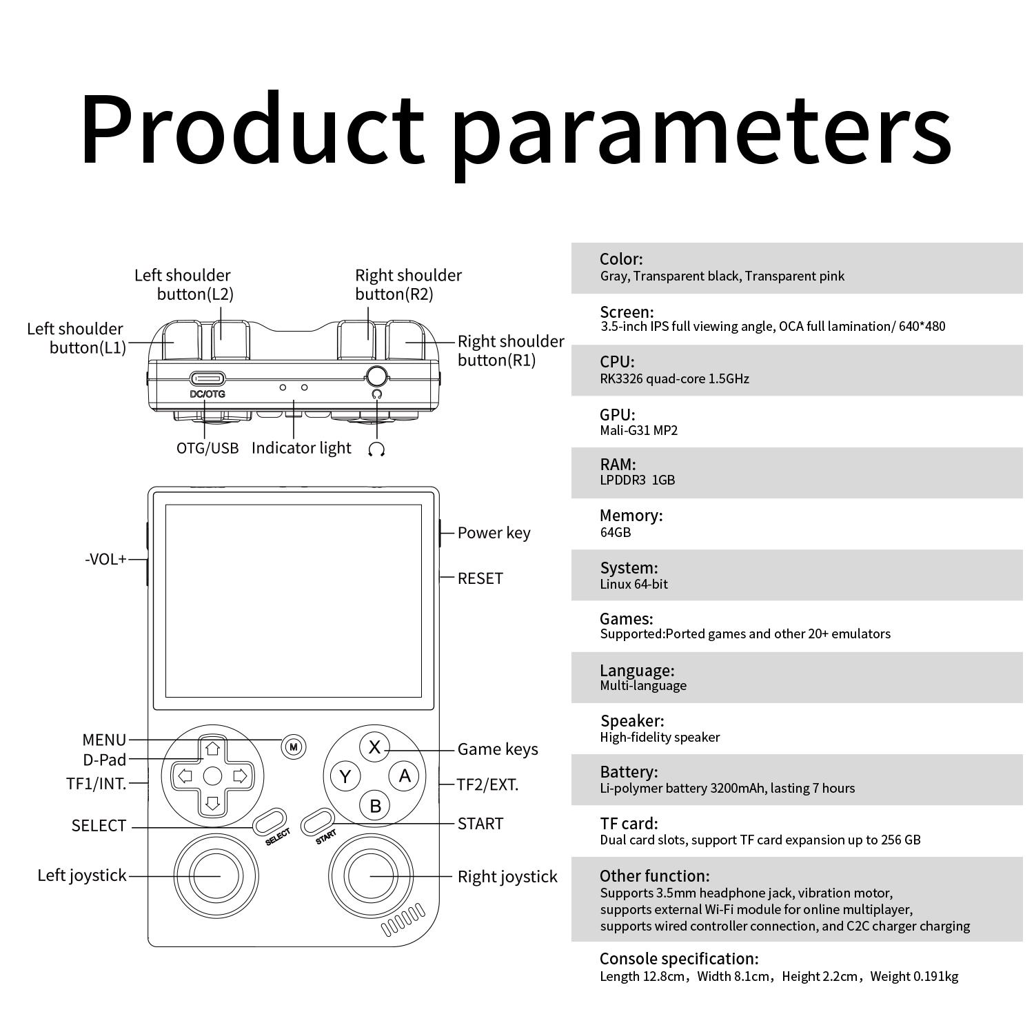 G350 Retro Handheld Game Console 3.5 Inch IPS Screen Linux System 64G TF Card Preloaded Game Console 3200mAh Battery