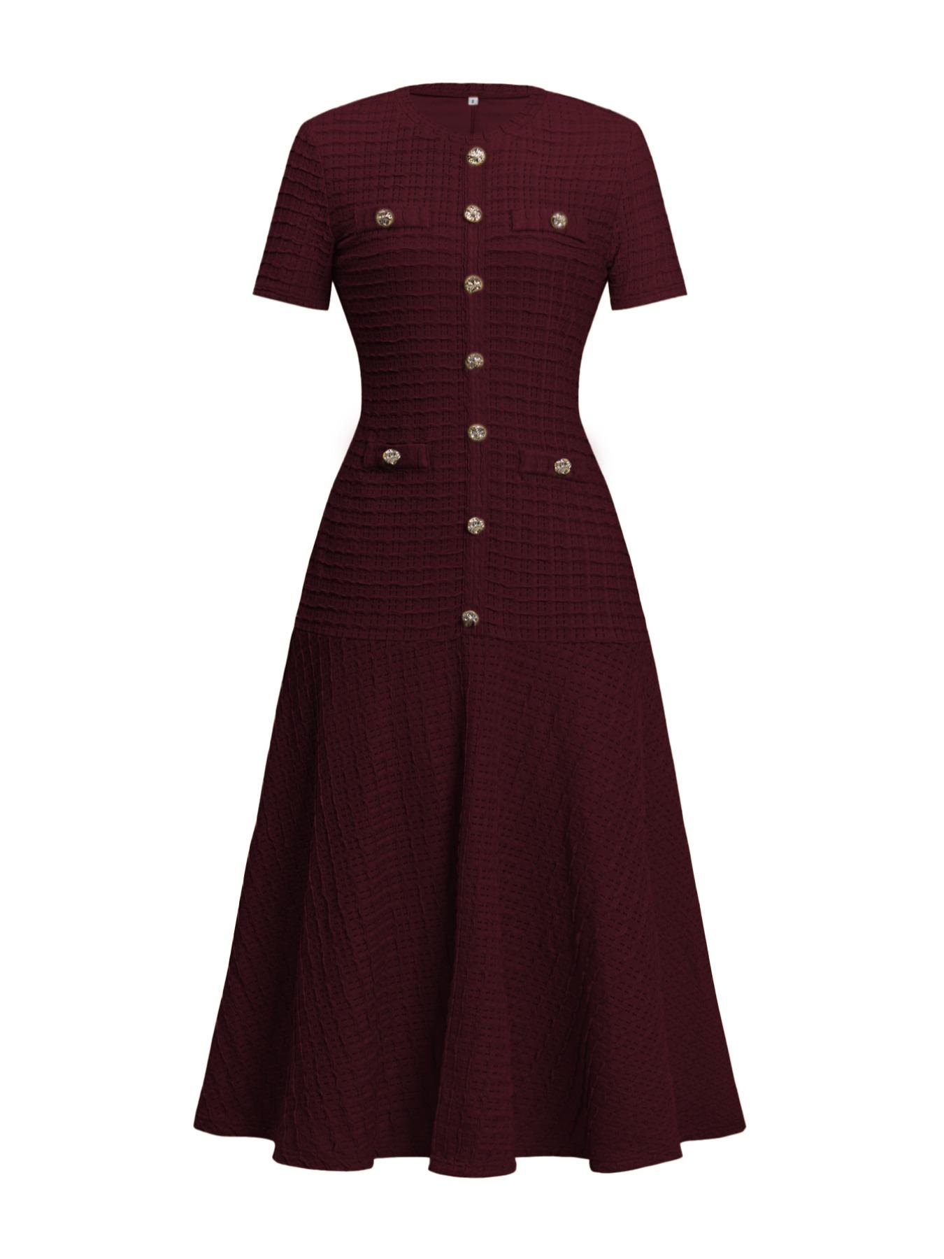 Pure Color Casual Button Decor Long Dress, Fitted Short Sleeve Plain Design, Women's Fashionable Long Gown for Everyday Wear