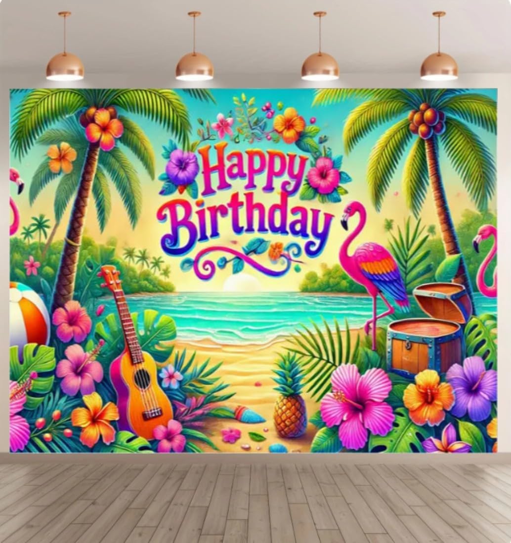 Happy Tropical Birthday, Large Summer Beach Party Banner; Colorful Hawaiian Flamingo Ukulele; Pineapple Hawaiian Party Garden Wall Decor; Indoor Birthday Celebration