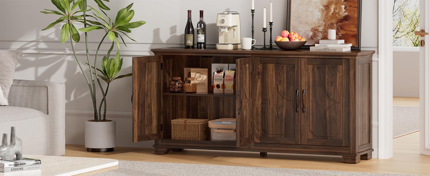 【SPOTLIGHT DAY】ONBRILL 63 Inch Buffet Cabinet with Storage, Large Sideboard Cabinet with 4 Carved Doors, Modern Credenza Storage Cabinets w/Adjustable Shelves for Kitchen, Living Room