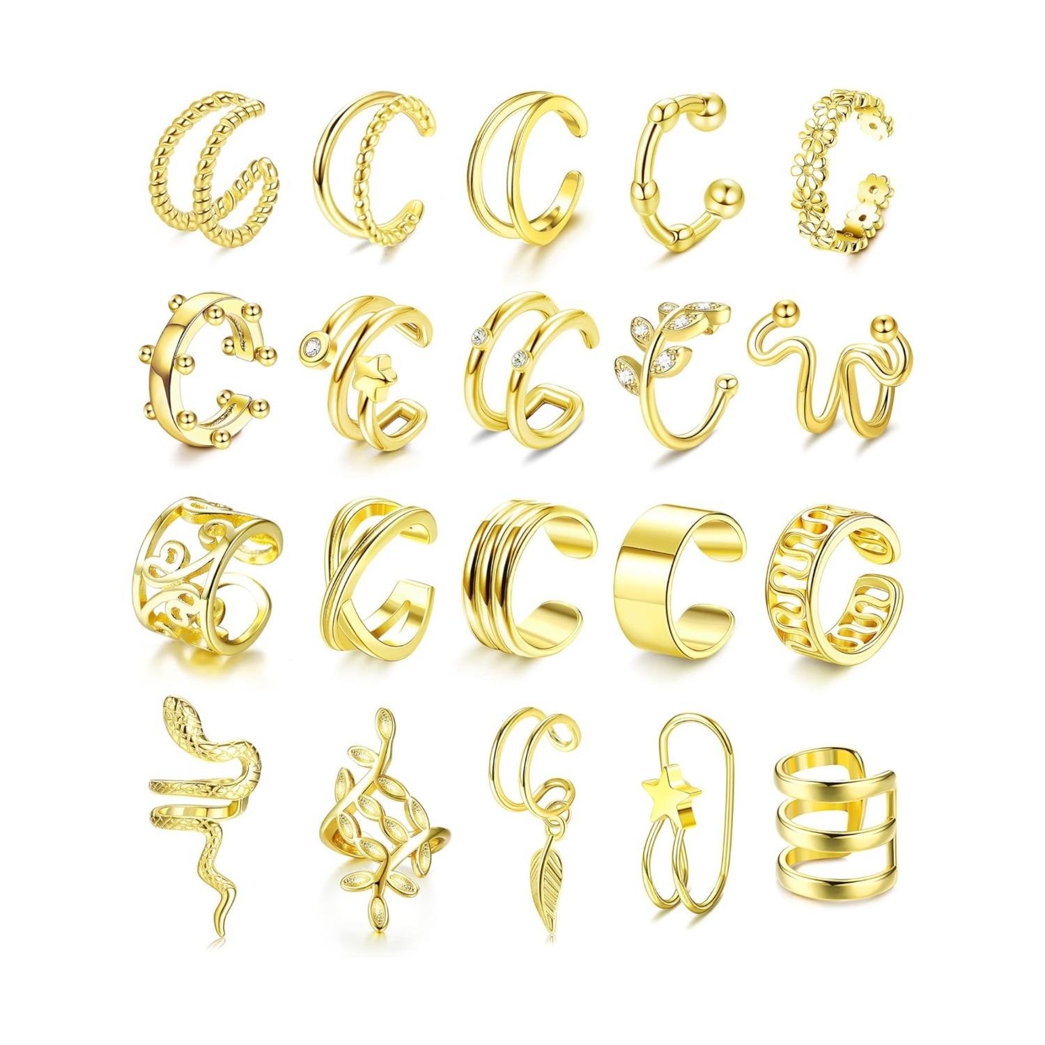 20PCS Ear Cuff for Women Non-Piercing Clip On Cartilage Helix Wrap Earrings Snake Flower Feather Adjustable Ear Clip Fake Cartilage Earring