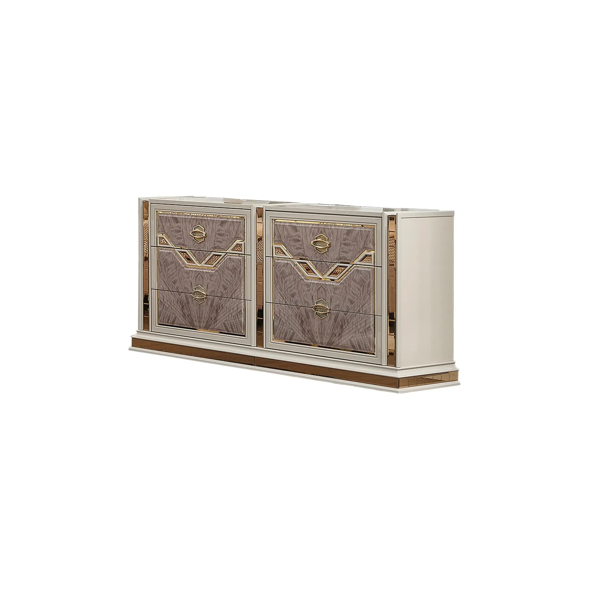 Nokaa 6-Drawer Dresser Chest for Bedroom, Beige Wood with Gold Accents, Art Deco Style, Soft-Closing Drawers, Mirrored Detailing, Eucalyptus Veneer Finish, Solid Wood+MDF, 65.35W x 20.07D x 39.70H in, Single Box