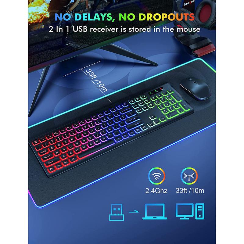 JOMAA 2.4G Wireless Keyboard and Mouse Combo RGB Backlit Rechargeable Full-Size Ergonomic Type-c+USB Wireless Sleep Mode
