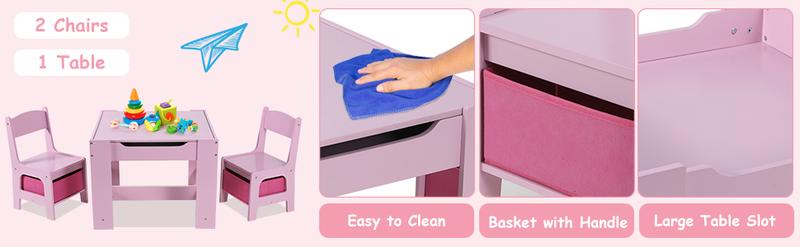 3-Piece Kids Table and Chairs Set, Wood Children Activity Desk Indoor Toddler Play Table and 2 Chairs Set with Storage, for Drawing Reading Crafts, Playroom, Nursery