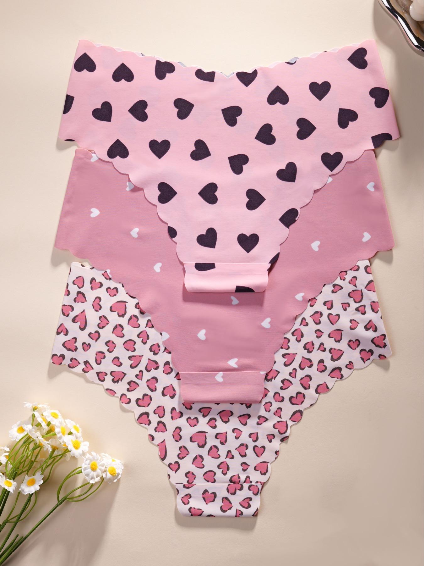 Women's Heart & Leopard Print Thong Panties, Comfortable Seamless Design, V-Shape Pull-Up Waistband, Wave Hem Cut, Casual Fitted Underwear, Breathable Fit Panties