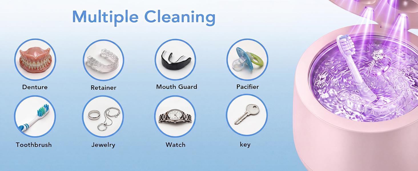 Ultrasonic Denture Cleaner, 48kHz Deep Cleaning Machine with 4 Timed Modes, 200mL Digital Display for Retainers, Mouth Guards, Braces, Aligners, Toothbrushes, Jewelry, Pink Ultrasonic Denture Cleaner, 48kHz Deep Cleaning Machine with 4 Timed Modes, 200mL Digital Display for Retainers, Mouth Guards, Braces, Aligners, Toothbrushes, Jewelry, Pink