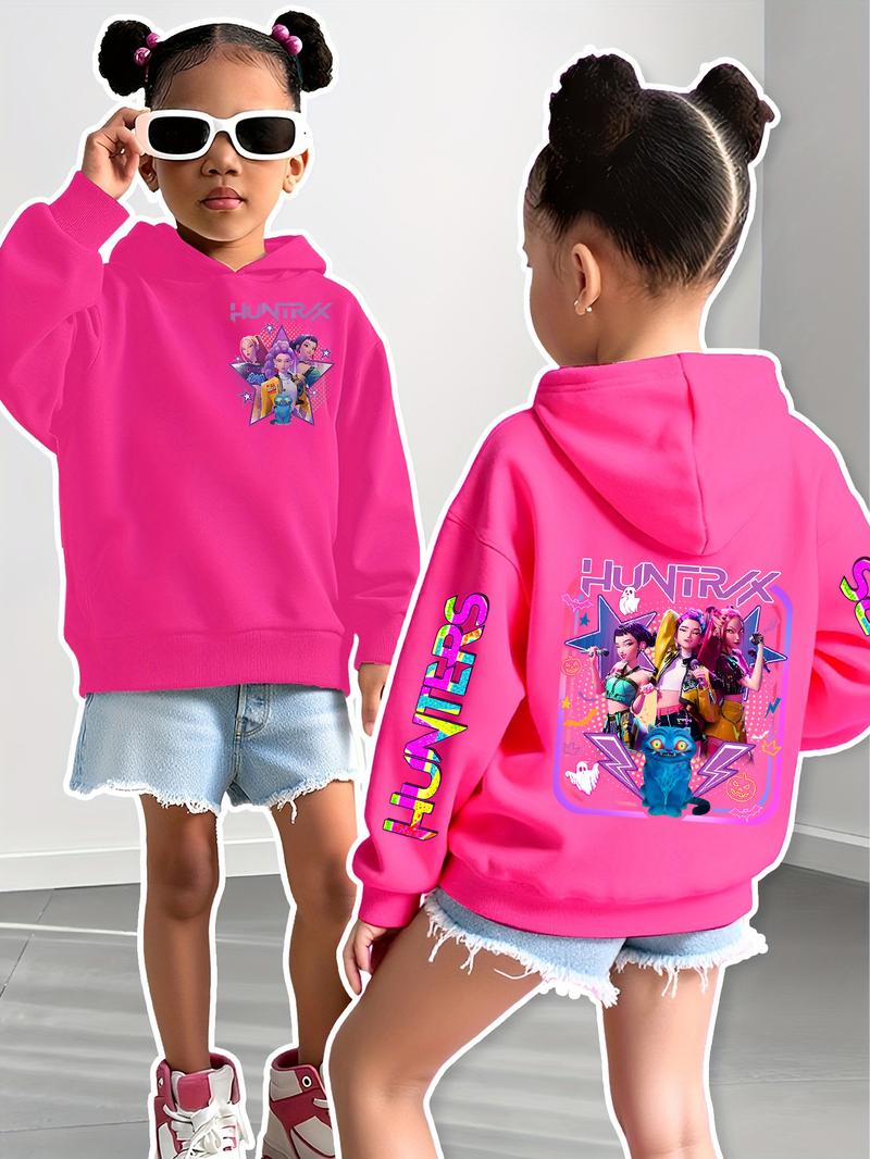 Girls' Kpop Demon Hunters Hoodie, Star Character & Cute Pet Print, Graphic Casual Hoodie, Casual Fitted Sweatshirt, Spring & Fall Elastic Fabric, Christmas Gift