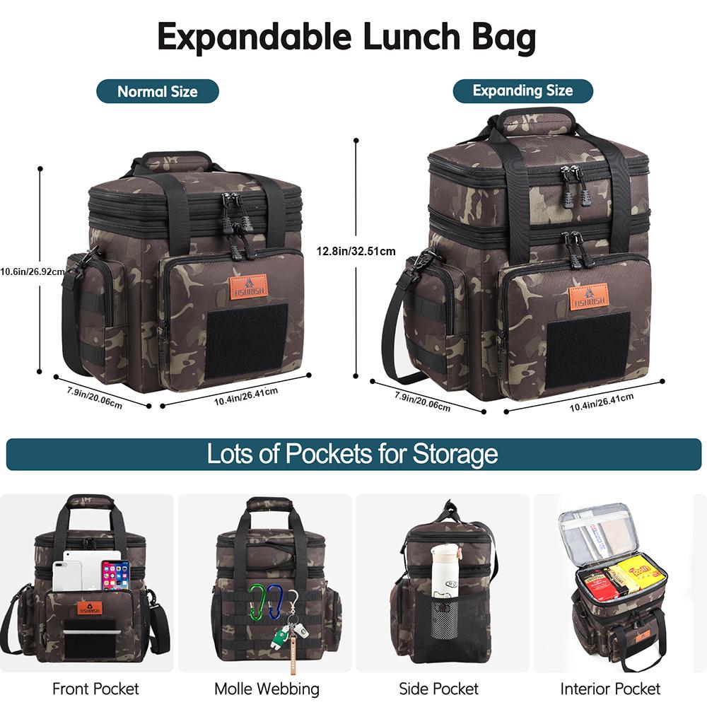 Double Layer Insulated Lunch Bag for Work School Picnics Beach Lunch Boxes Reusable Portable with Side Pockets One Shoulder Waterproof Leakproof Camo Lunch Box