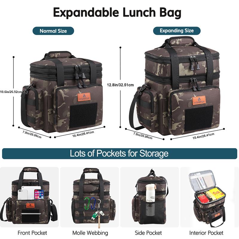 Double Layer Insulated Lunch Bag for Work School Picnics Beach Lunch Boxes Reusable Portable with Side Pockets One Shoulder Waterproof Leakproof Camo Lunch Box