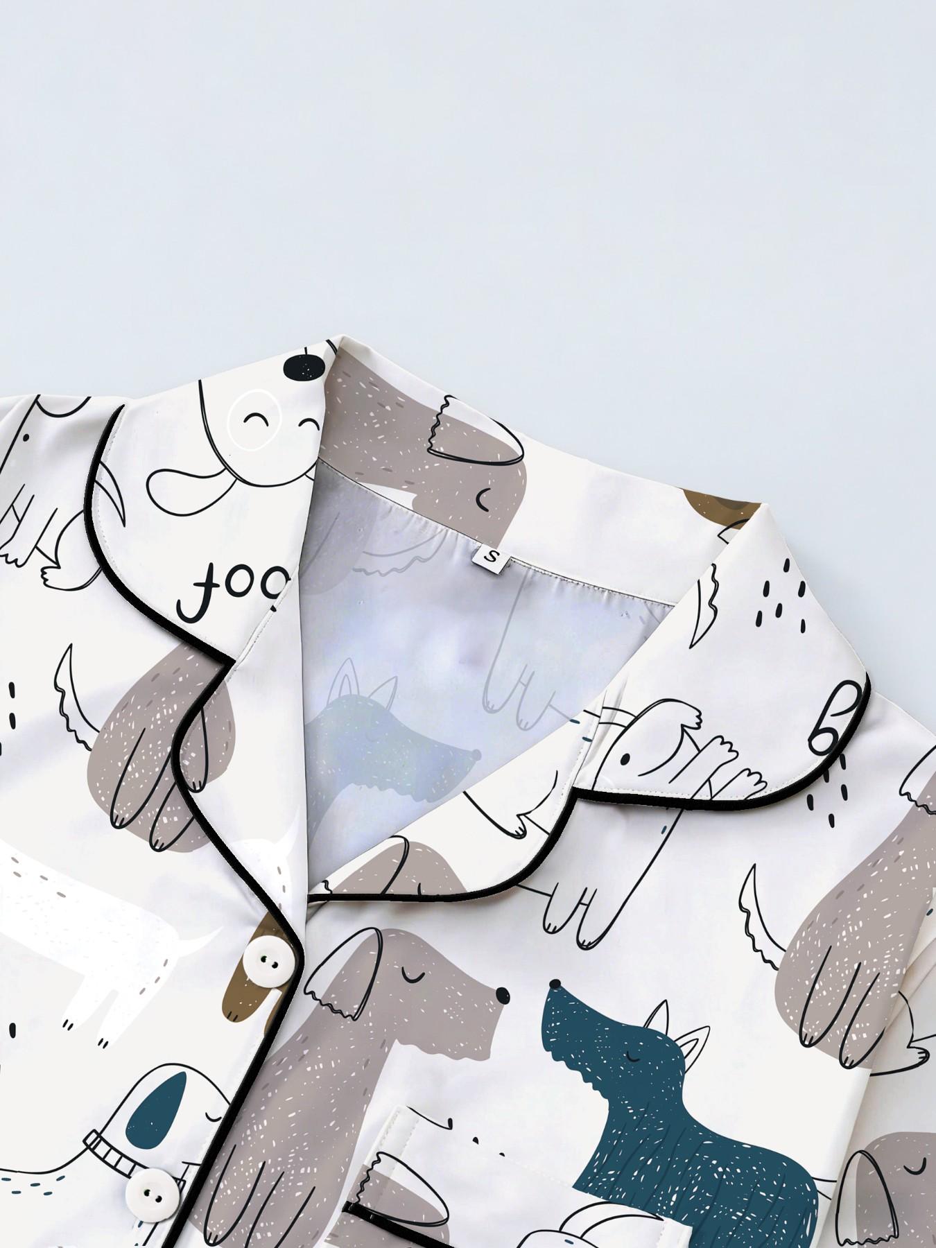 Women's Short Sleeve Button Down Top and Shorts Pajama Set, Spring Summer Wear, For Fun Lovers, White Base Funny Dog Woof Print, Classic Lapel Collar, Loose Fit, Comfortable For Home & Photo Shooting