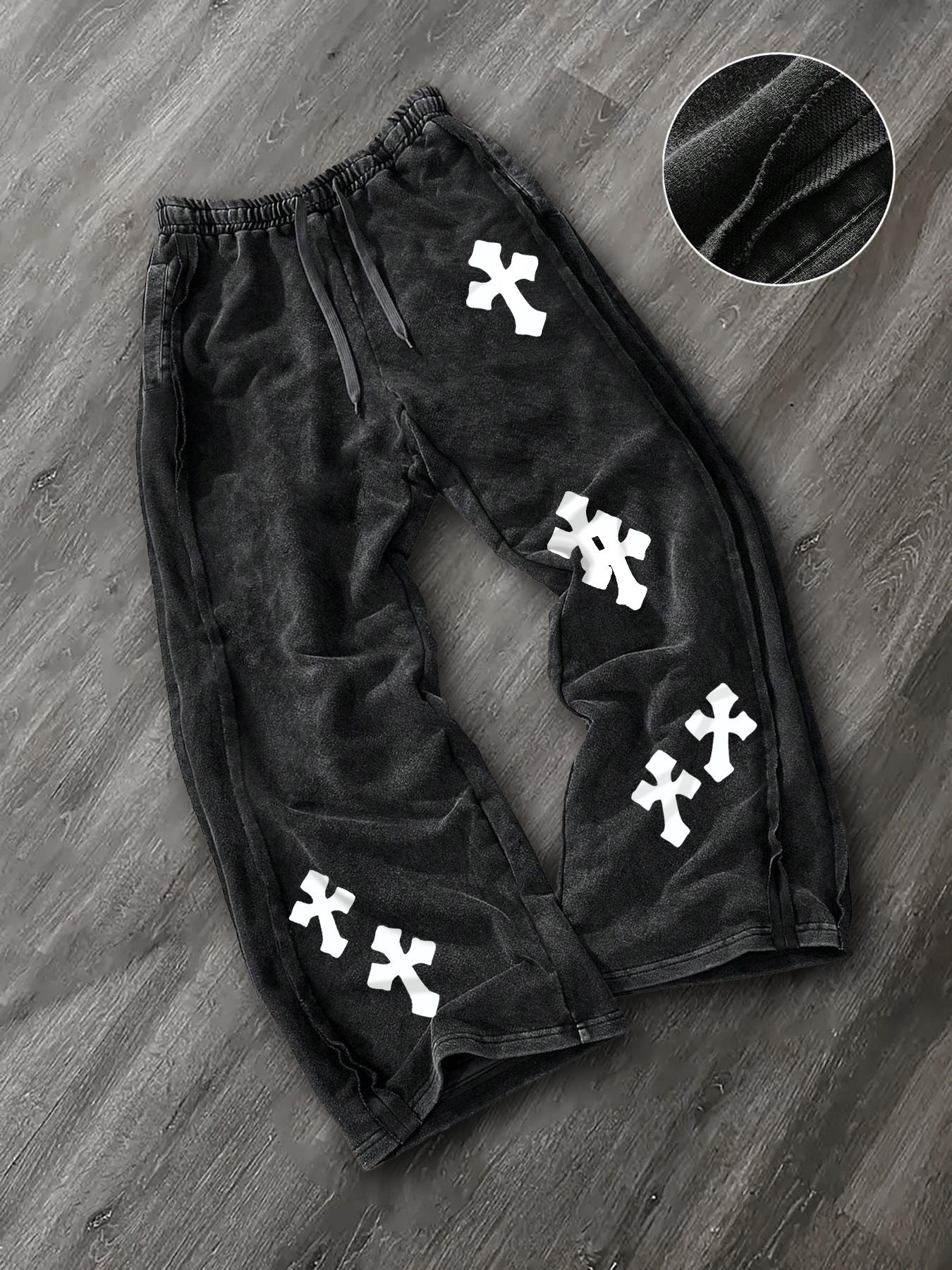 Men's Washed Cotton Straight Leg Long Pants, Cross Print, Casual Fashion, Comfortable Fit, Perfect for Daily Wear, Casual Lounge Pant