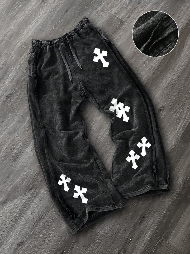 Men's Washed Cotton Straight Leg Long Pants, Cross Print, Casual Fashion, Comfortable Fit, Perfect for Daily Wear, Casual Lounge Pant