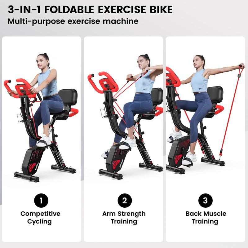 pooboo Foldable Exercise Bike 4-in-1 Indoor Riding Bike, Adjustable Resistance Exercise Cycling, Magnetic Upright X Fitness Cycle Comfort Seat