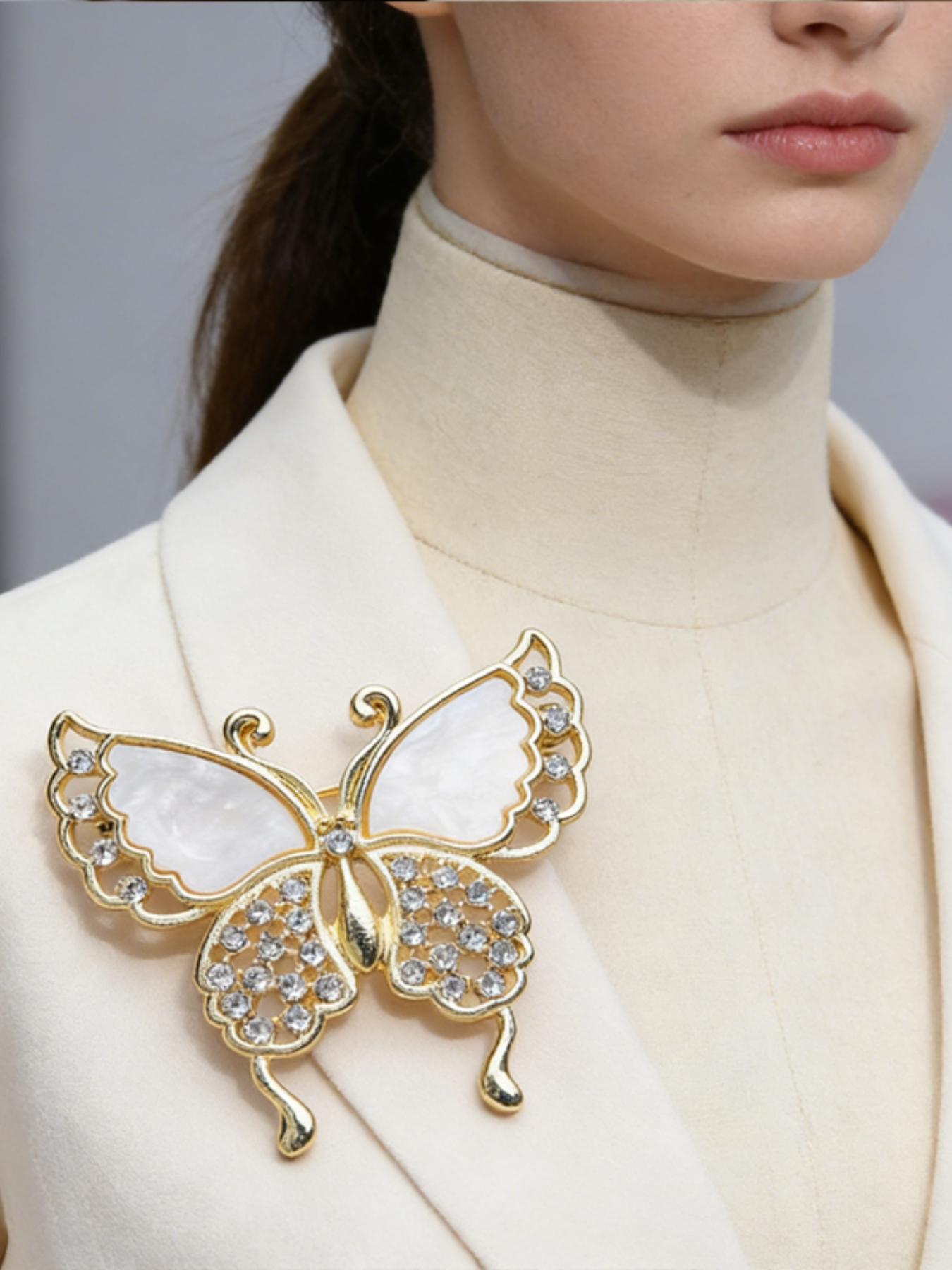 Elegant Butterfly Brooch Pin for Women, French Style Shell Rhinestone Hollow Out Design, Versatile Decorative Lapel Pin
