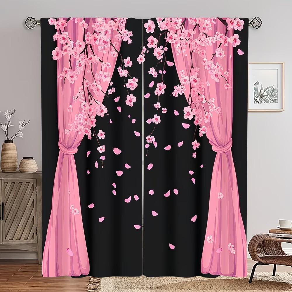 2-piece Pink Cherry Blossom Drifting Petal Romantic Semi-Transparent Polyester Curtains with Rod Installation. Featuring high-definition digital printing and machine-washable fabric, they are ideal for bedrooms, boudoirs, Japanese tea rooms, and cherry bl