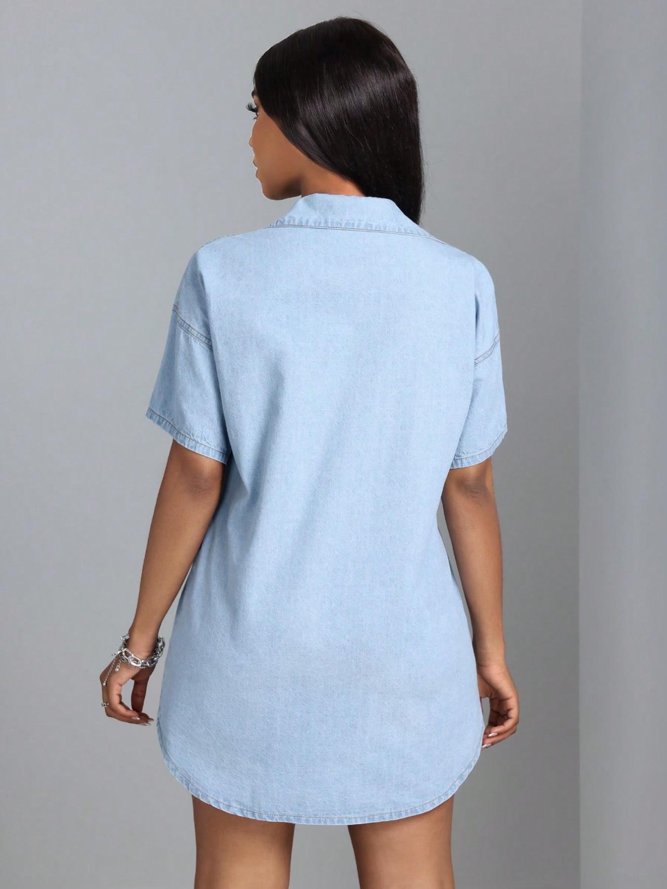Elegant Summer Women's Lapel Short Sleeve Slim Fit Button Collared Dress, Single Button Denim Shirt Mini Skirt, Stylish Casual Wear