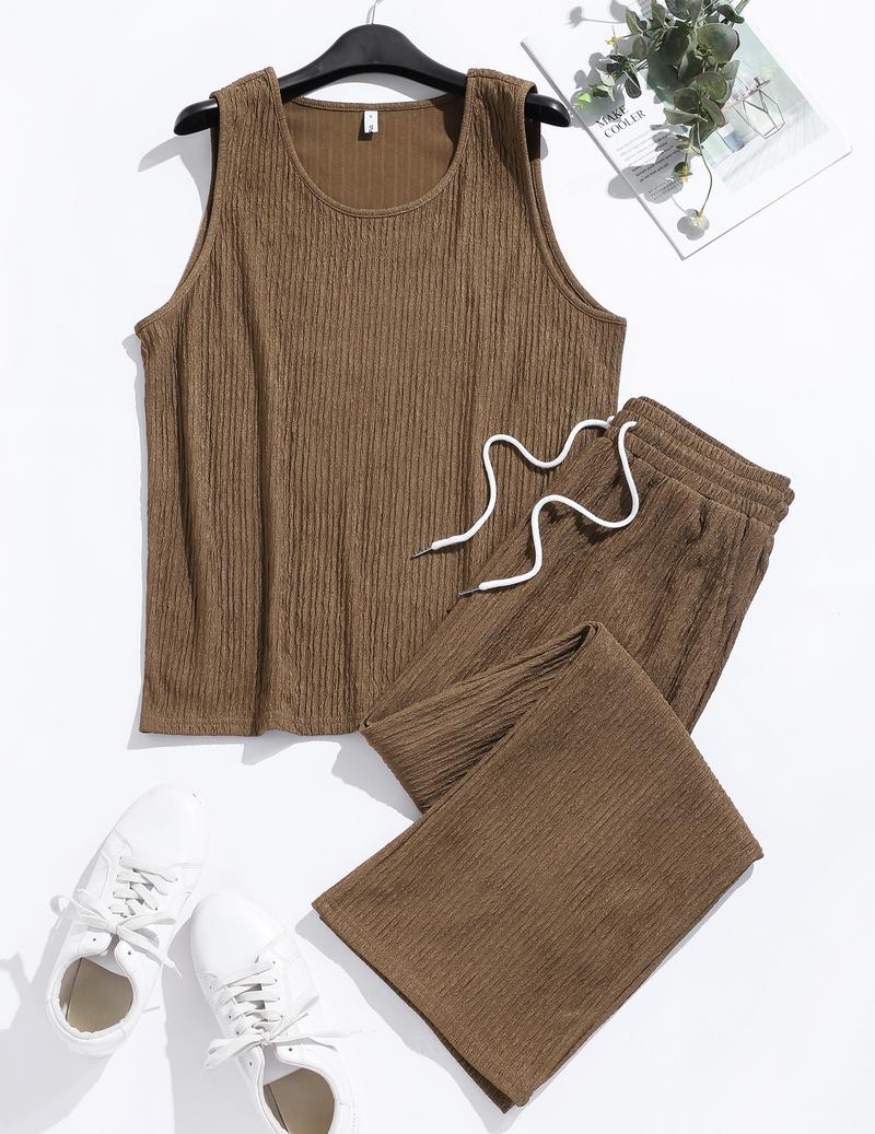 ZAFUL Men Solid Tank Top & Wide Leg Pants Men's 2 Piece Set Knitted Solid Sleeveless Scoop Neck Tank Top and Elastic Waist Wide Leg Pants