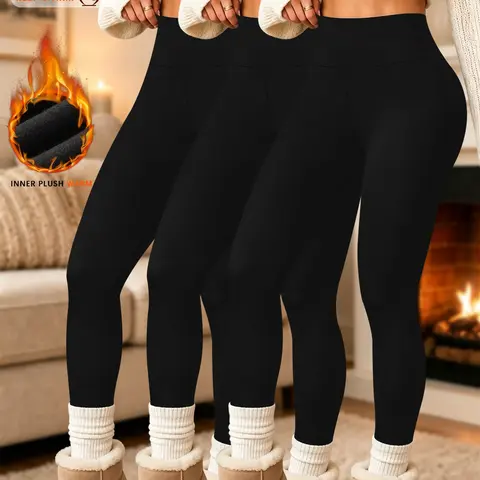 3 Pack Women's Thermal Fleece Lined Leggings, High Waisted Winter Warm Tights, Soft Yoga Pants for Workout Fitness, Solid Pattern