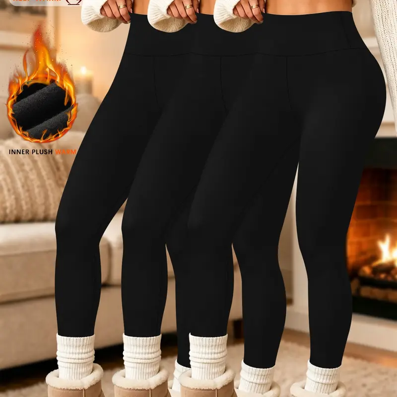 3 Pack Women's Thermal Fleece Lined Leggings, High Waisted Winter Warm Tights, Soft Yoga Pants for Workout Fitness, Solid Pattern