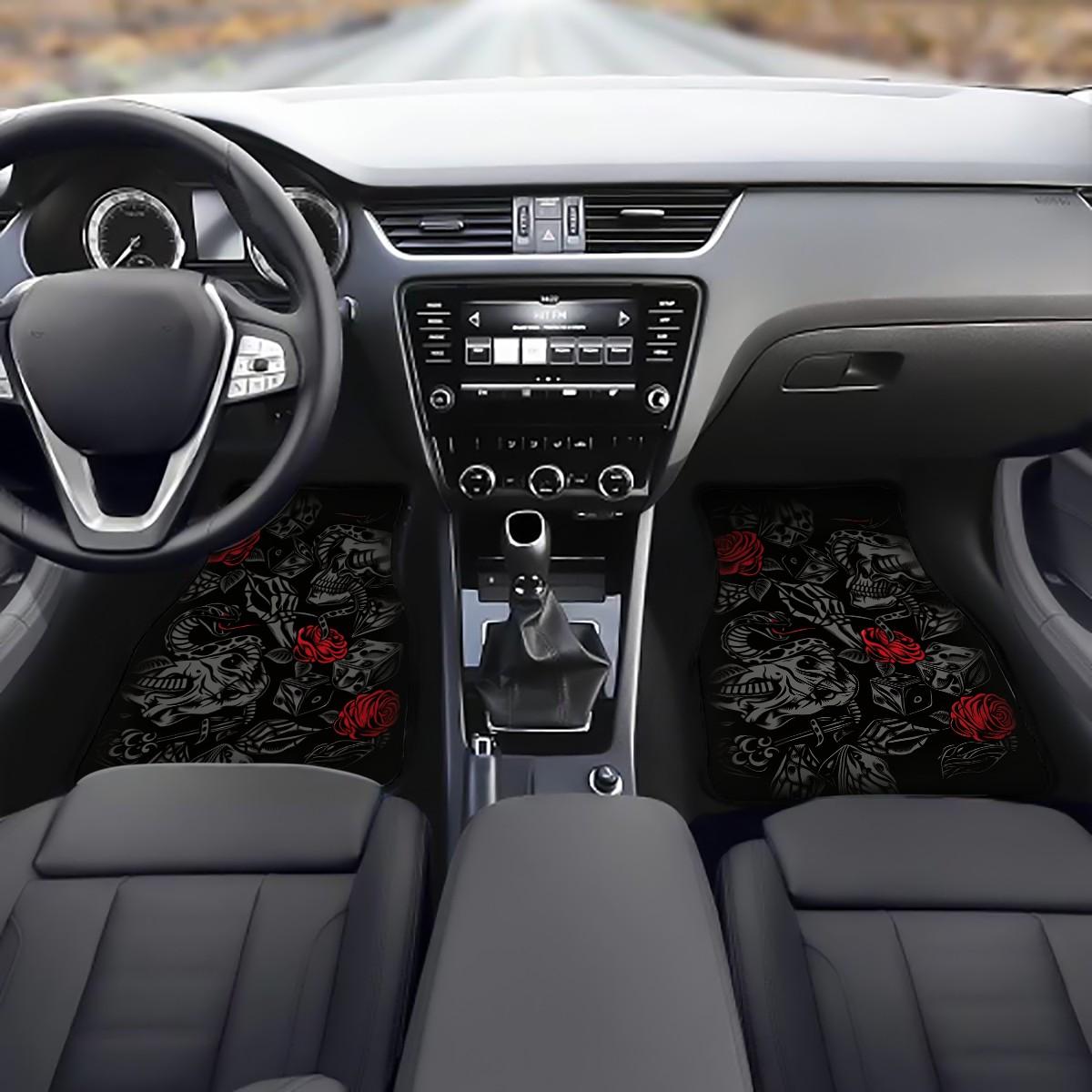 Four-Piece Retro Skull Rose Car Mats, Non-Slip Waterproof Floor Protectors, Universal Fit for Suvs and Cars, Ideal for Car Enthusiasts