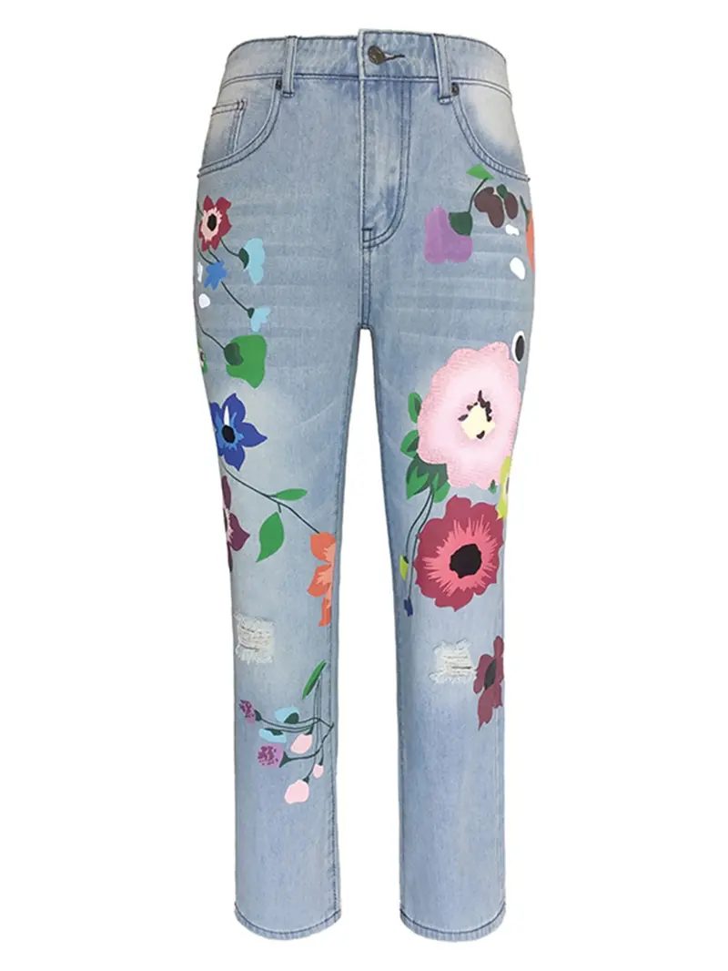 Daily Wear Light Wash Jeans with Large Plant Print, Fashion Street Style Straight Leg Long Pants, Loose-Fitting All-Season Denim