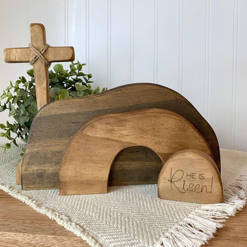 Empty Tomb Display Easter Decor, Christian Resurrection Scene Creche Decoration, He Is Risen Jesus Tomb Ornament for Farmhouse, Tiered Tray and Fireplace