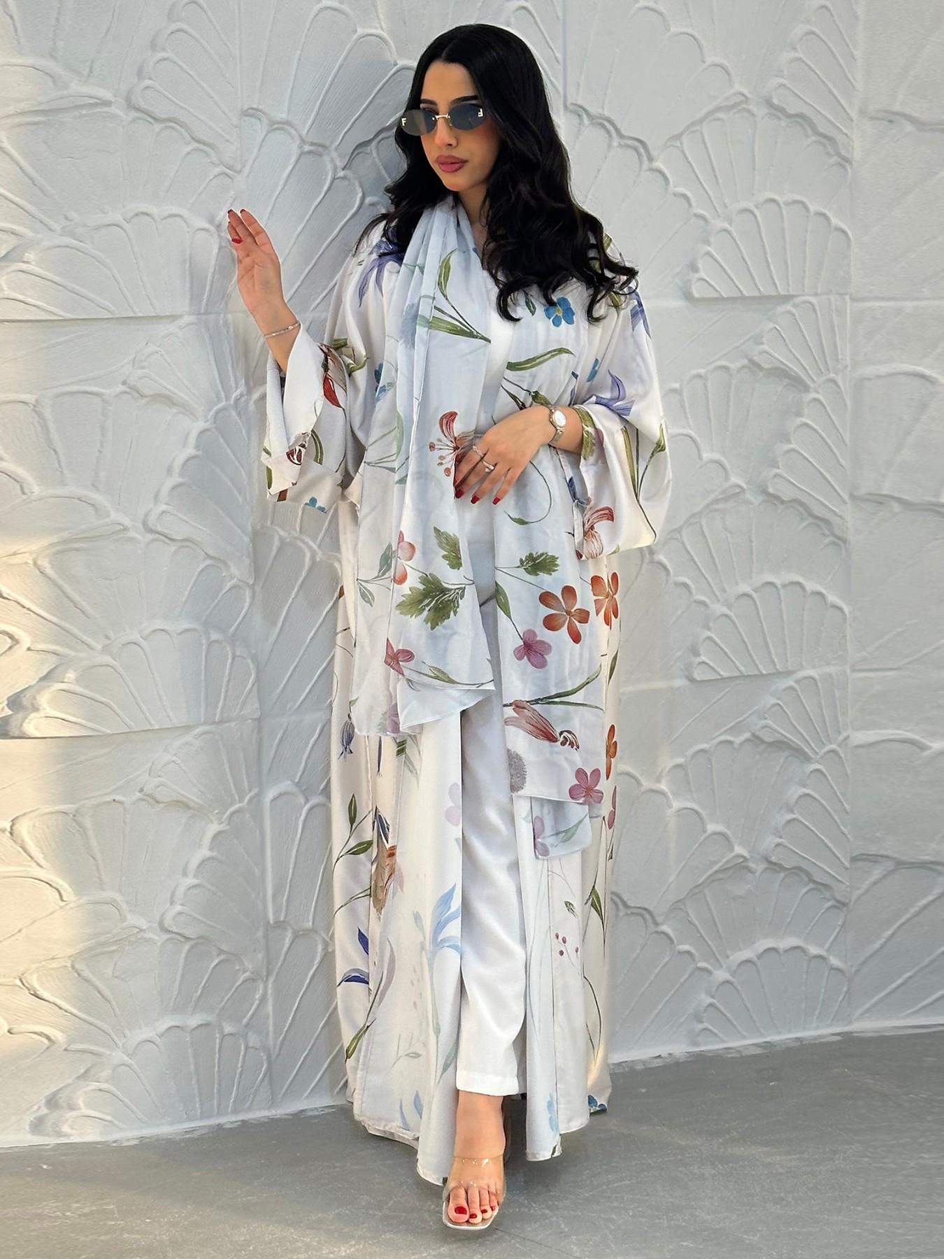 New Muslim Women's Loose Fit Open Front Robe, Printed Two-Piece Set with Headscarf, Casual Daily Wear, Comfortable and Stylish, Floral Abaya Set, Islamic Abaya, Muslim Clothing