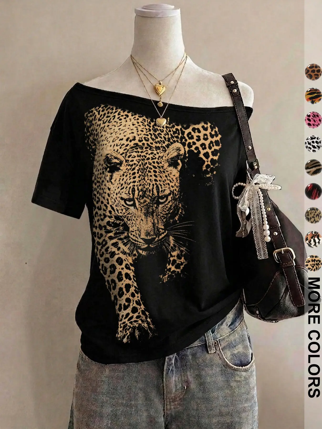 Women's Short Sleeve Asymmetric Retro Leopard Print T-Shirt, Fitted Slim Fit, Casual Summer Top, Trendy Fashion Design