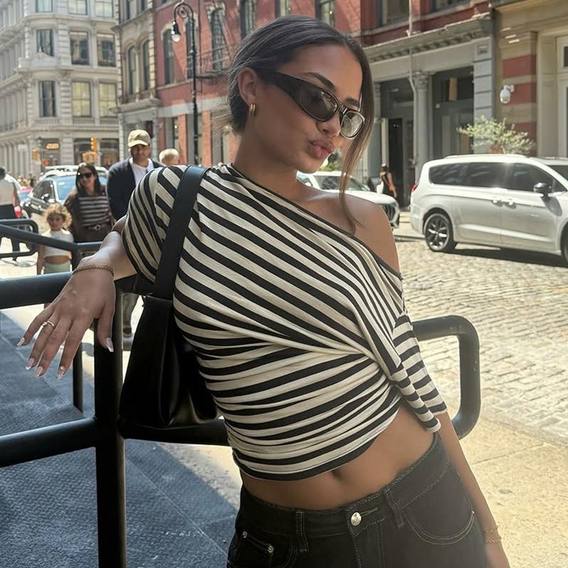 Women Summer Fashion Short Sleeve Asymmetrical One Shoulder Striped Asymmetric Hem T Shirt Tops Tee Casual Daily Tops