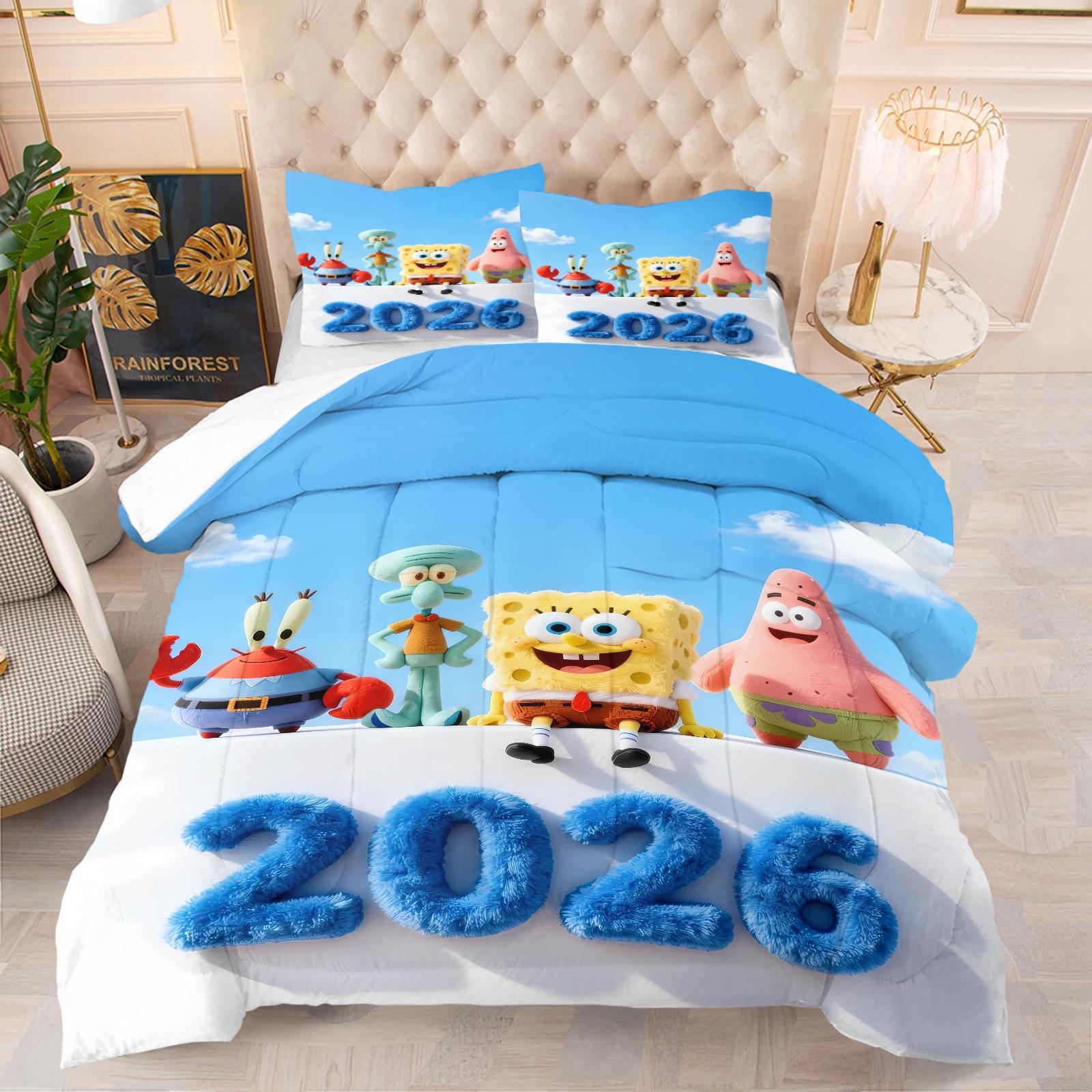 2026 Spongebob Squarepants Pattern Comforter Set, Soft And Durable Bedding Set, Includes 1 Comforter And 1 Or 2 Pillow Cases, Daily Holiday Birthday Gift Bedroom Decorations For Kids And Adults