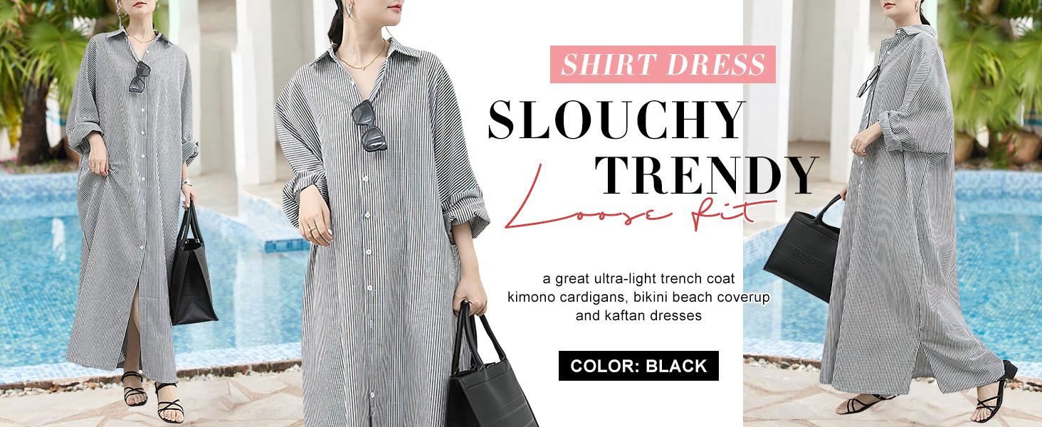CHARTOU Women's Loose Striped Shirt Dress Casual Long Sleeve Dress Cotton Long Skirt