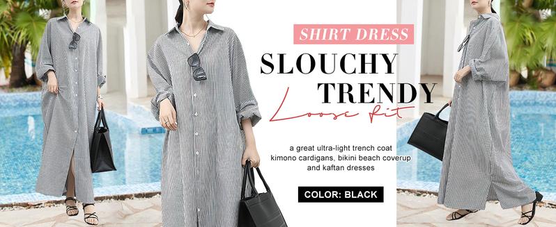 CHARTOU Women's Loose Striped Shirt Dress Casual Long Sleeve Dress Cotton Long Skirt