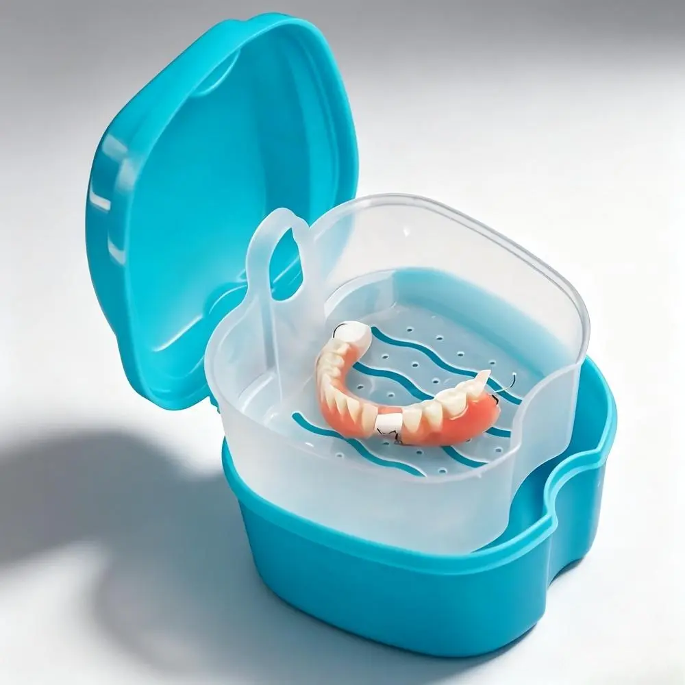Compact Denture Bath Box with Hanging Rinsing Basket, Leak-Proof Portable False Teeth Soak & Store Container, Dental Retainer Case for Home & Travel