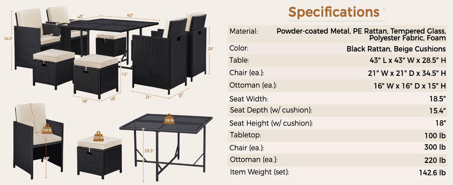 Yaheetech 9-Piece Patio Dining Sets, Outdoor Space Saving Rattan Chairs with Glass Table, Wicker Sectional Conversation Furniture Set with Removeable Cushions, Black/Beige