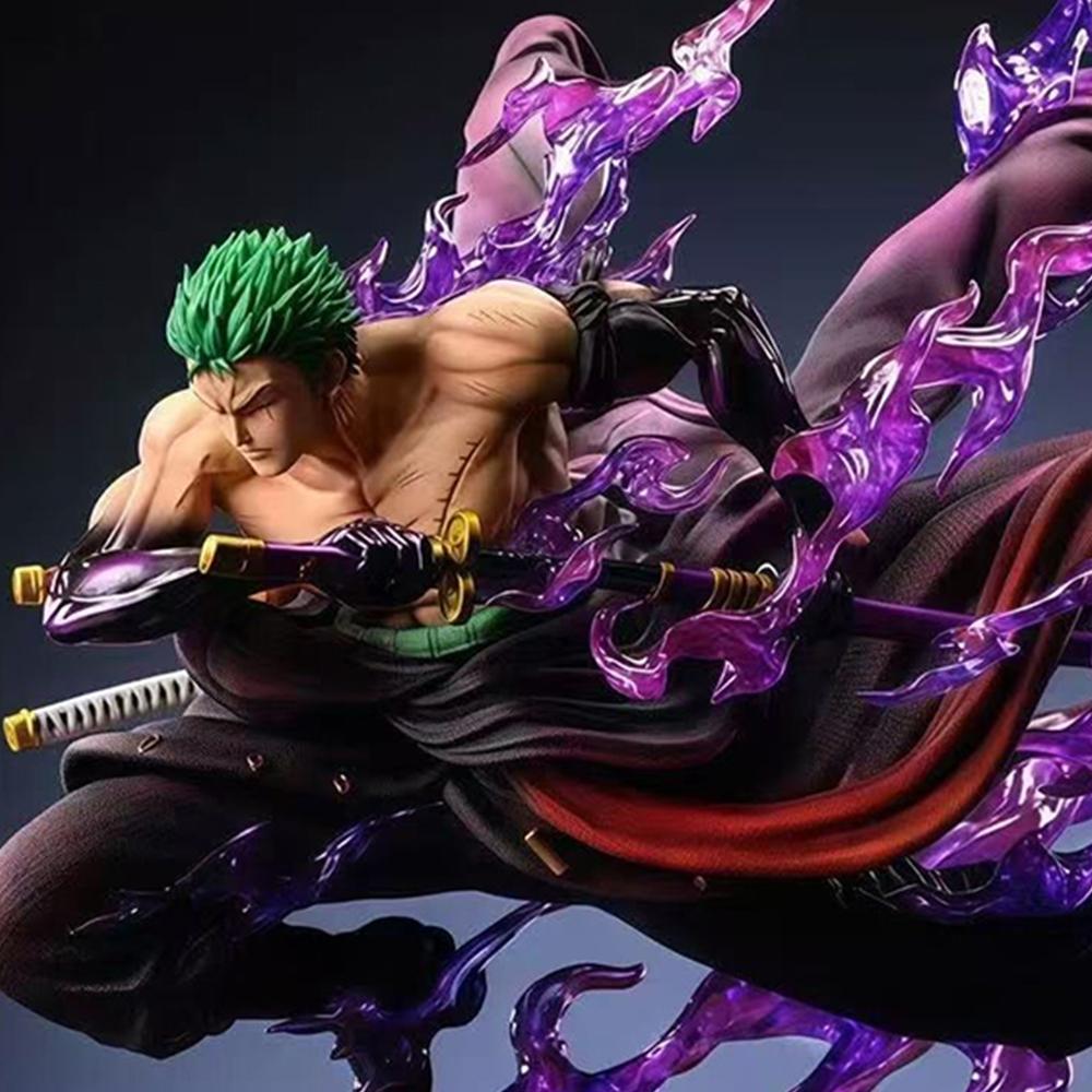 One Piece Roronoa Zoro Figure, Enma Haki Battle Scene, Purple Flame Effect Statue, Anime Model Decor，Drift Rock Base, Desktop Decor Figurine