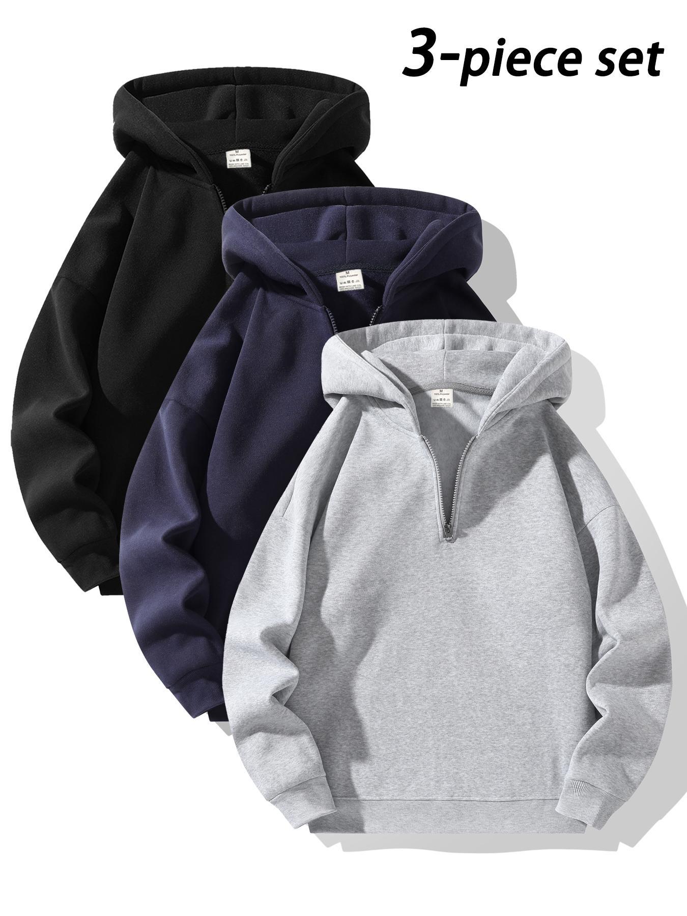 Men's Half-Zip Fleece Hoodie, Casual Plain Long Sleeve Drop Shoulder Sweater, Thick Fabric for Fall & Winter, Sporty Fashion Pullover