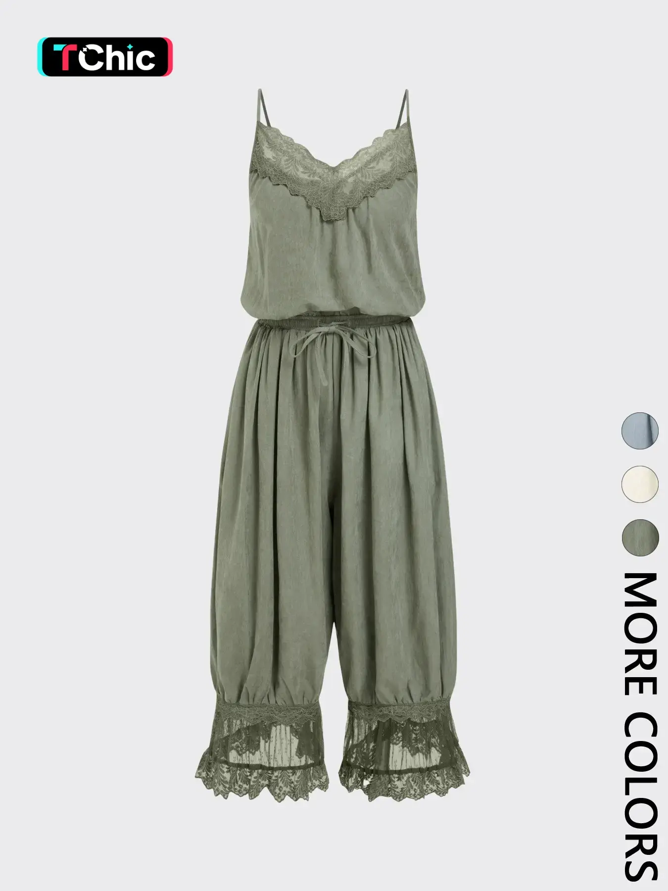 Lace Trim Spaghetti Strap Romper for Women V Neck Drawstring Waist Culotte Silhouette Ruffled Lace Cuffs Versatile for Feminine Casual Fashion