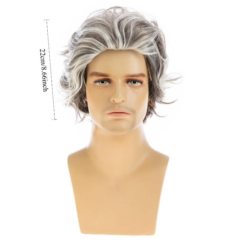 Men's Synthetic Curly Hair Medium-Length Wig - Gradient Gray-White Blonde, Unisex Secure Styleable Comfortable Breathable, Styling Accessory for Role-Playing, Halloween