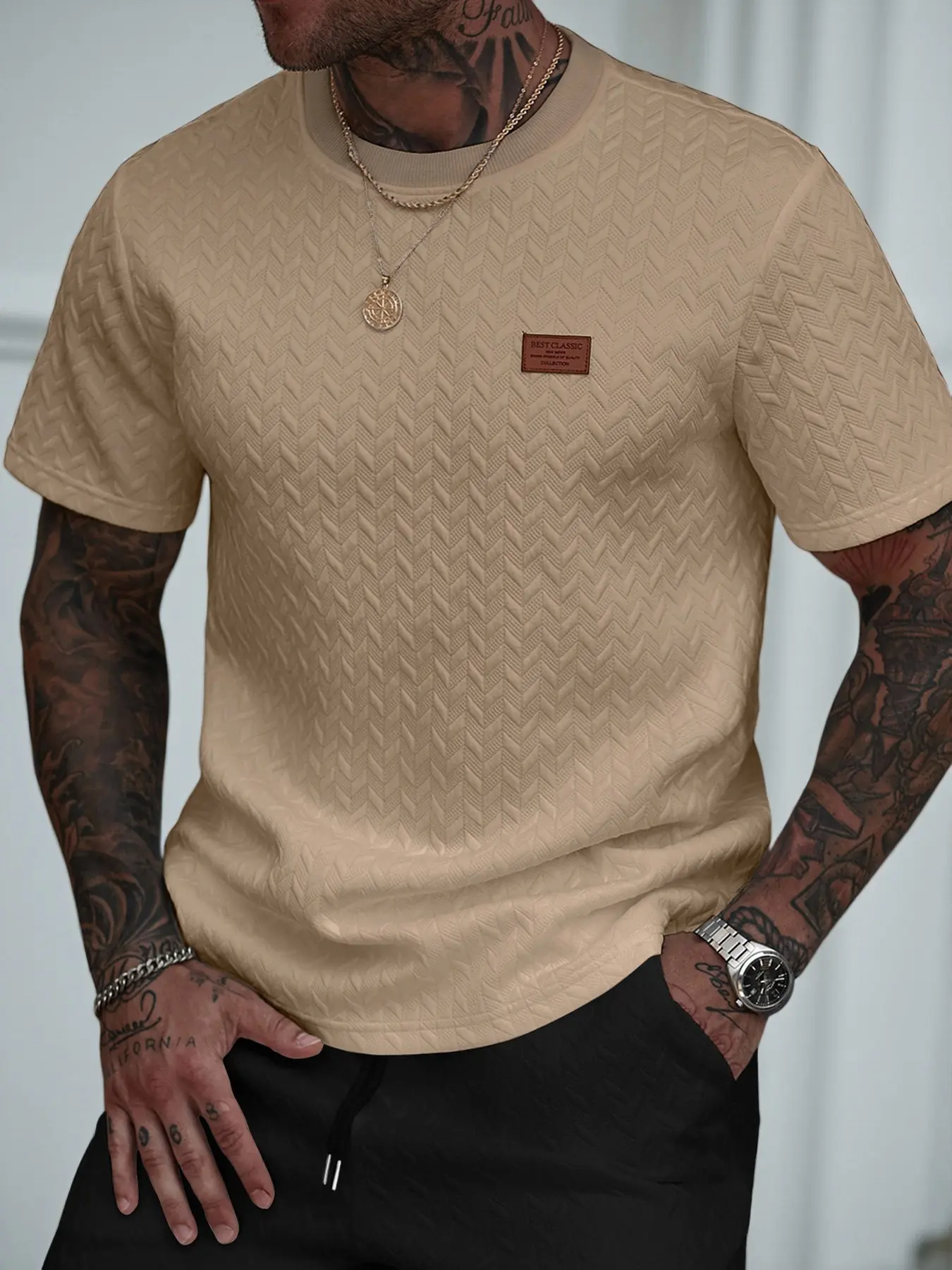 Men's Casual Textured Fabric Short Sleeve Fitted T-Shirt, Ribbed Round Neck Top, Summer Solid Color Plain Fashion Streetwear Men's Clothing, Menswear